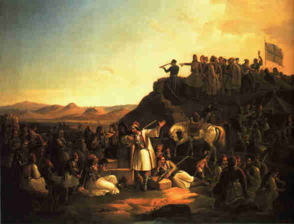 Tenente Colonnello Heideck guarda dal Porto del Pireo attraverso il telescopio l'Acropoli     di Atene in lontananza. Dipinto di Theodoros Bryzakis, "L'accampamento del Karaiskakis",  1855  (145:178     cm, Galleria nazionale Atene). Brizakis lo dipinse non in Grecia, ma a Monaco, dove dal 1836 viveva e dove tra l'altro fu     allievo di Peter von Hess. Per il suo dipinto egli si ispirò al "Philhellenenlager" di Heideck, che conosceva     personalmente.