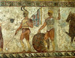 Guerrieri Sanniti. pittura funeraria del IV secolo a.C., ritrovata in una tomba di Paestum &egrave; ora conservata al Museo archeologico nazionale di Napoli.